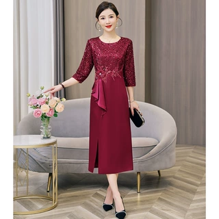 yqwl5630喜婆婆婚宴装酒红色礼服2025秋季新款修身开叉敬酒连衣裙