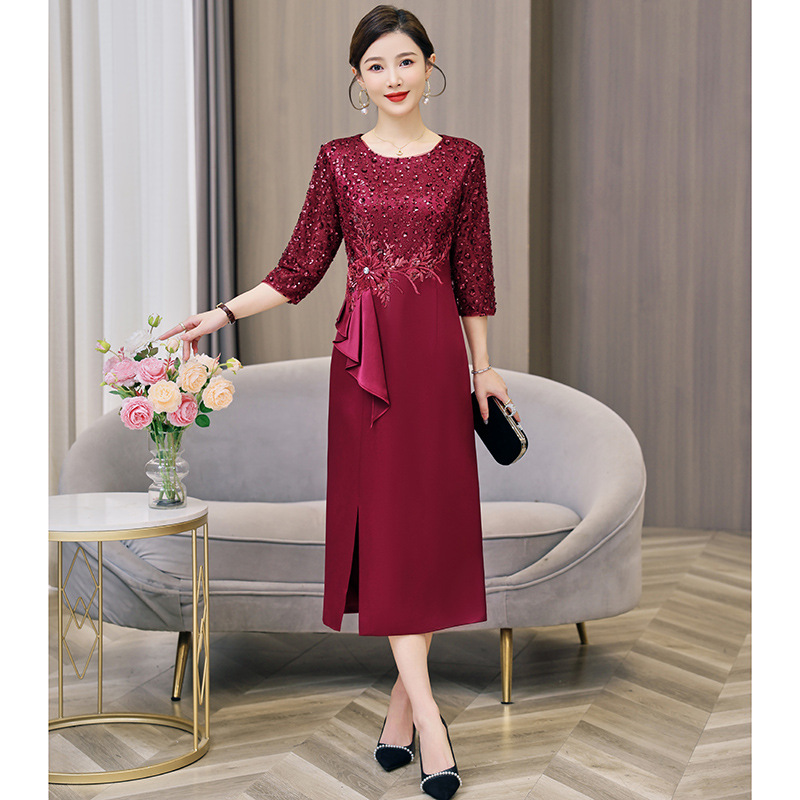 yqwl5630喜婆婆婚宴装酒红色礼服2025秋季新款修身开叉敬酒连衣裙