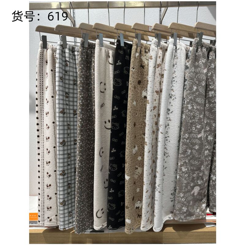 New Cross-Border Autumn and Winter Plush Wide-Leg Pants, Floral Pants, Home Pants, Elastic Waist, Drapey, Versatile Casual Pants for Women Wholesale New Cross-Border Autumn and Winter Plush Wide-Leg Pants, Floral Pants, Home Pants, Elastic Waist, Drapey, Versatile Casual Pants for Women Wholesale