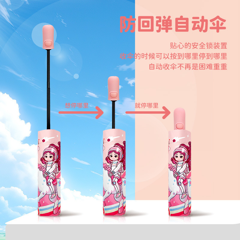 漫画の安全な丸みを帯びた子供用傘、自動晴雨兼用傘、カスタマイズされたビニール日焼け止め傘、小中学生向け|undefined