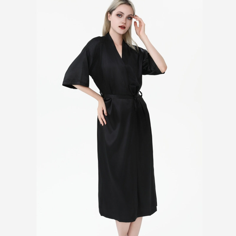European and American Plus Long Stretch Silk Nightgown Solid Color Bridal Morning Gown Women's Cardigan Thin Sexy Shaded Bathrobe