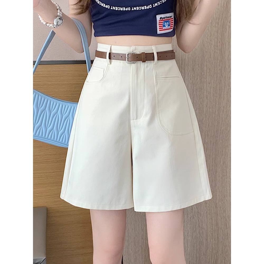 Quần short nữ cạp cao ống rộng dáng suông dài ngang đùi kiểu Hồng Kông — Màu đen