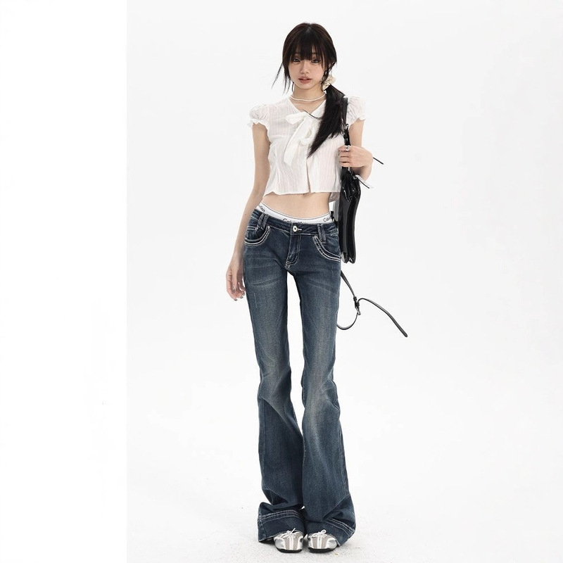 American-Style Spicy Girl Vintage Low-Rise Flared Jeans for Women, Summer New Slim-Fit Versatile Drapey Bell-Bottom Pants Trendy