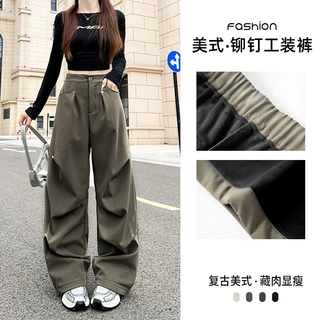加绒铆钉工装裤子女2026秋季加厚高腰直筒卫裤垂感阔腿休闲拖地裤