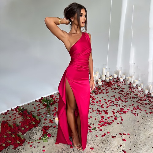 2025 European and American Summer Design-Statement Elegant Sexy Slim-Fit Off-Shoulder Slit Satin Dress for Women