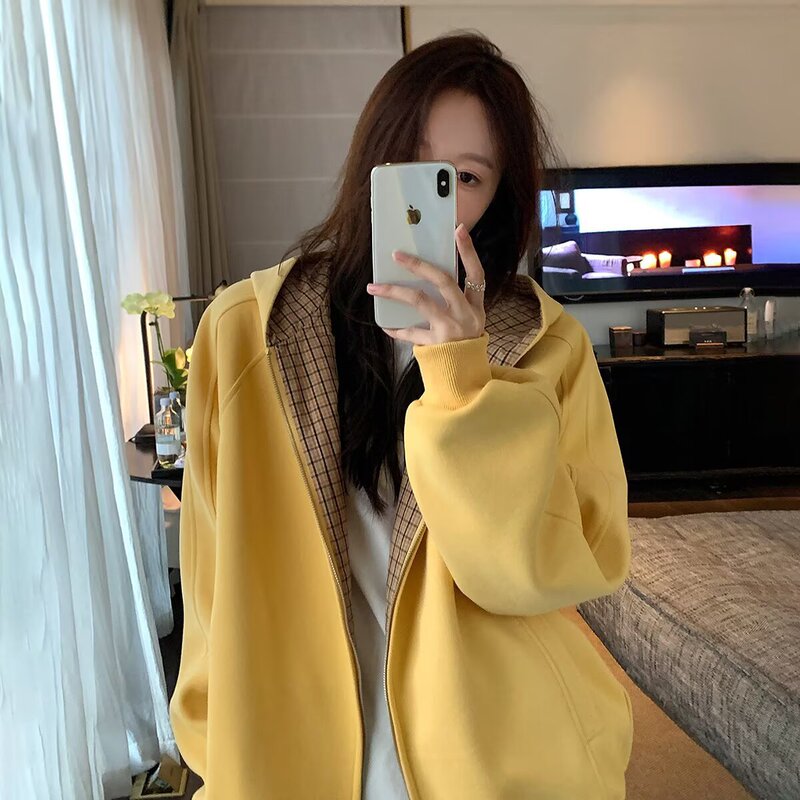 美式高街双面穿千鸟格外套女春秋cleanfit情侣宽松开衫连帽卫衣潮|undefined