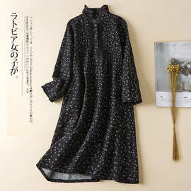 2025秋季新款文艺大码宽松印花棉麻长袖连衣裙女中长款衬衣裙