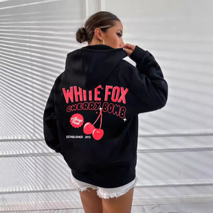 2025 New White Fox Cherry Bomb Print European Size Cross-Border Hooded Sweatshirts Women's Pattern Sweatshirt