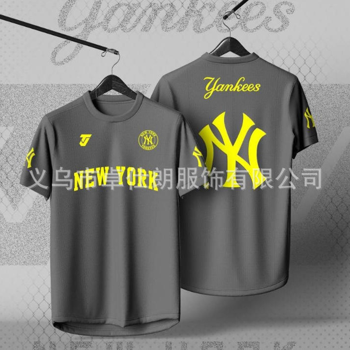 Cross-Border New Model Yankees Baseball T-Shirt Gray and Yellow Ny Large Logo Print American Retro Fan Quick-Dry Top
