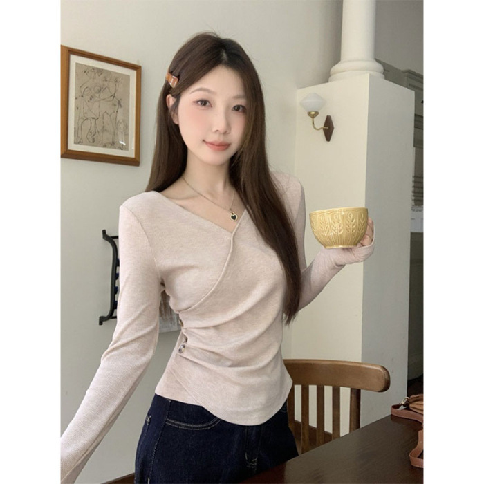 不規則なvネッククロス長袖tシャツ女性2025春秋chi内に純欲風をかけて痩せています。|undefined