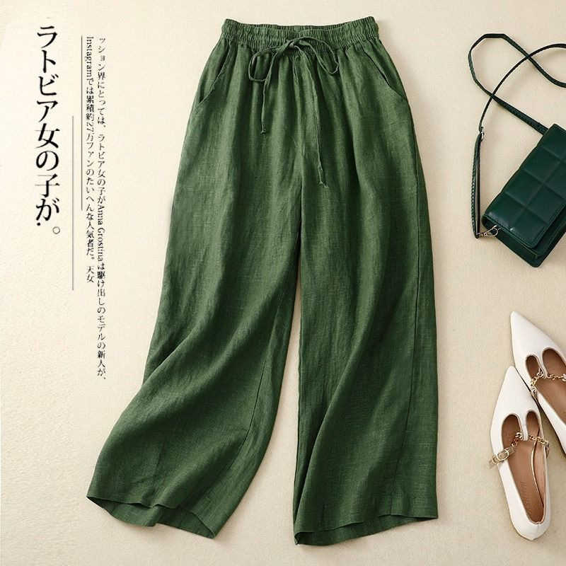 Women's Summer Elastic Waist Tie Solid Color Casual Pants Loose Versatile Cotton Linen Retro Artistic Style Cropped Wide-Leg Pants
