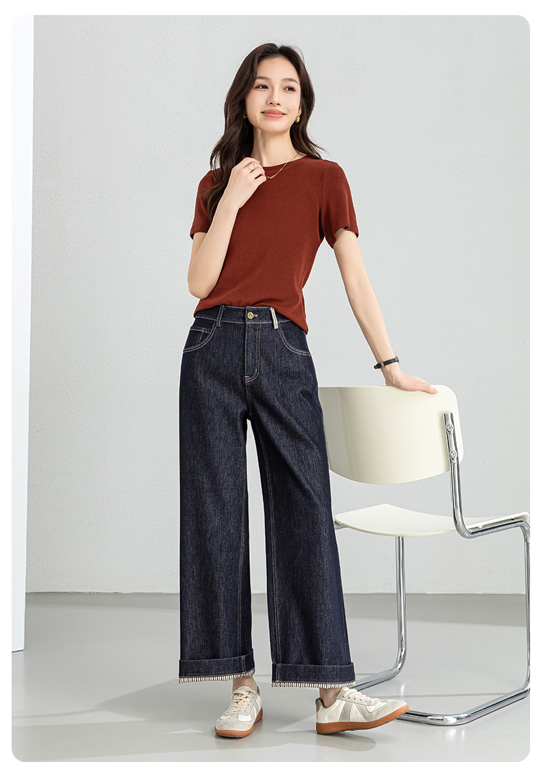 Quần jean nữ ống rộng cạp cao dáng suông vải denim xanh — Xanh da trờicolor chi tiết 18