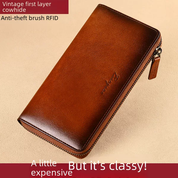 Cross-border wallet men's long wallet genuine leather multi-card card holder anti-theft brush driving license cowhide zipper wallet wholesale