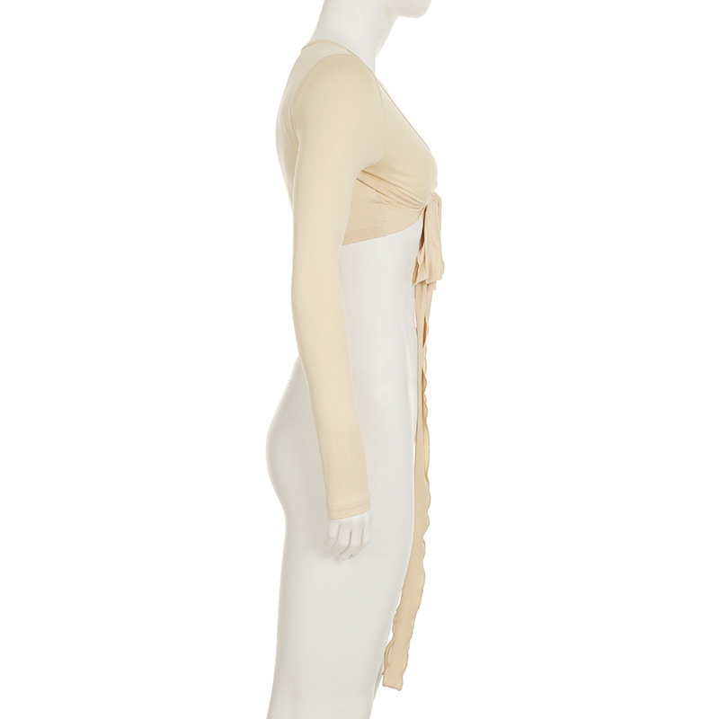 European And American Sexy Style Basic Versatile Skin-colored Strap Low V-neck Ultra-short T-shirt For Women, Slim Fit,_ecoleips.com