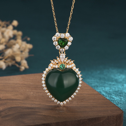 New Chinese Fashion Natural Ice Species Yang Green Agate Pendant Embedded with Emerald A-Jade Jadeite Plain Pendant Necklace