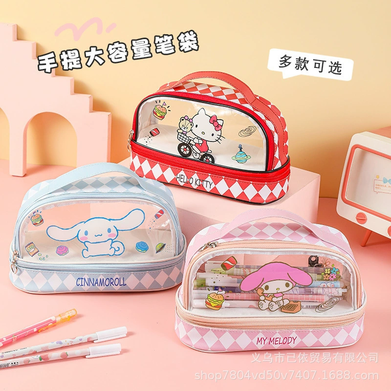Sanrio, transparent double-layer three dimensional capacious handheld cartoon pencil case for students