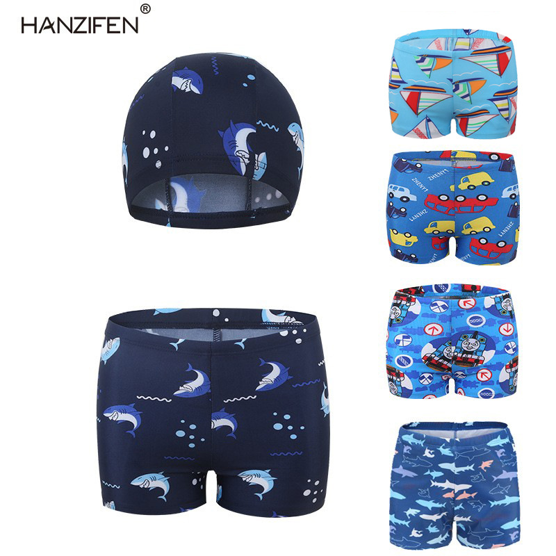 儿童泳裤男童2023新款鲨鱼泳帽两件套装卡通游泳裤