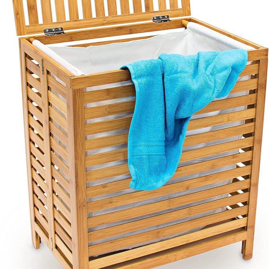 Cross-Border Bamboo Laundry Basket with Lid, Bathroom Compartment Dirty Clothes Storage Basket, Large Laundry Basket Next to the Washing Machine