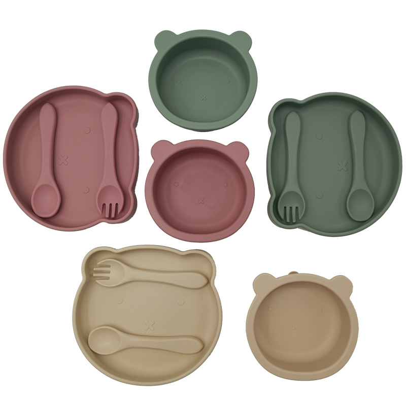 Bebé de alimentación placa cuchara Tenedor traje grado alimenticio silicona Integrado placa niños dibujos animados oso vajilla materna y infantil