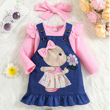 韩版童装秋季休闲短袖三角哈衣小兔背带包裙甜美女婴连衣裙童套装