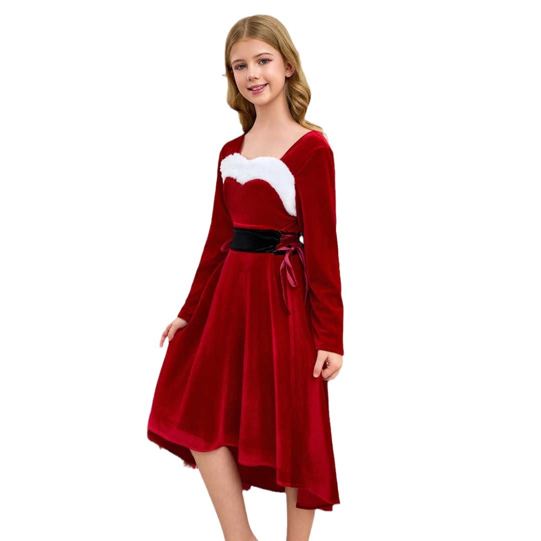 Costume da spettacolo natalizio a maniche lunghe in velluto rosso per bambine, per mamma e bambini (3-7 anni)_voghion.com