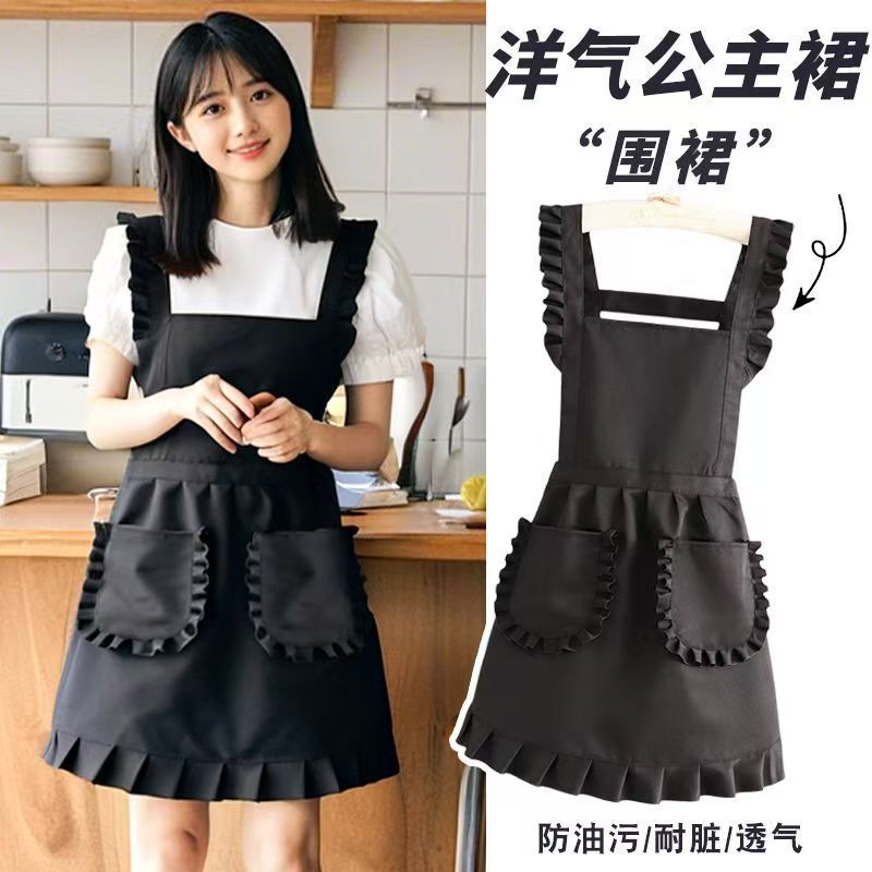 韓国版防汚エプロン家庭用キッチン調理エプロン女性用プリントケータリングミルクティーショップ洋風メイド作業服|undefined