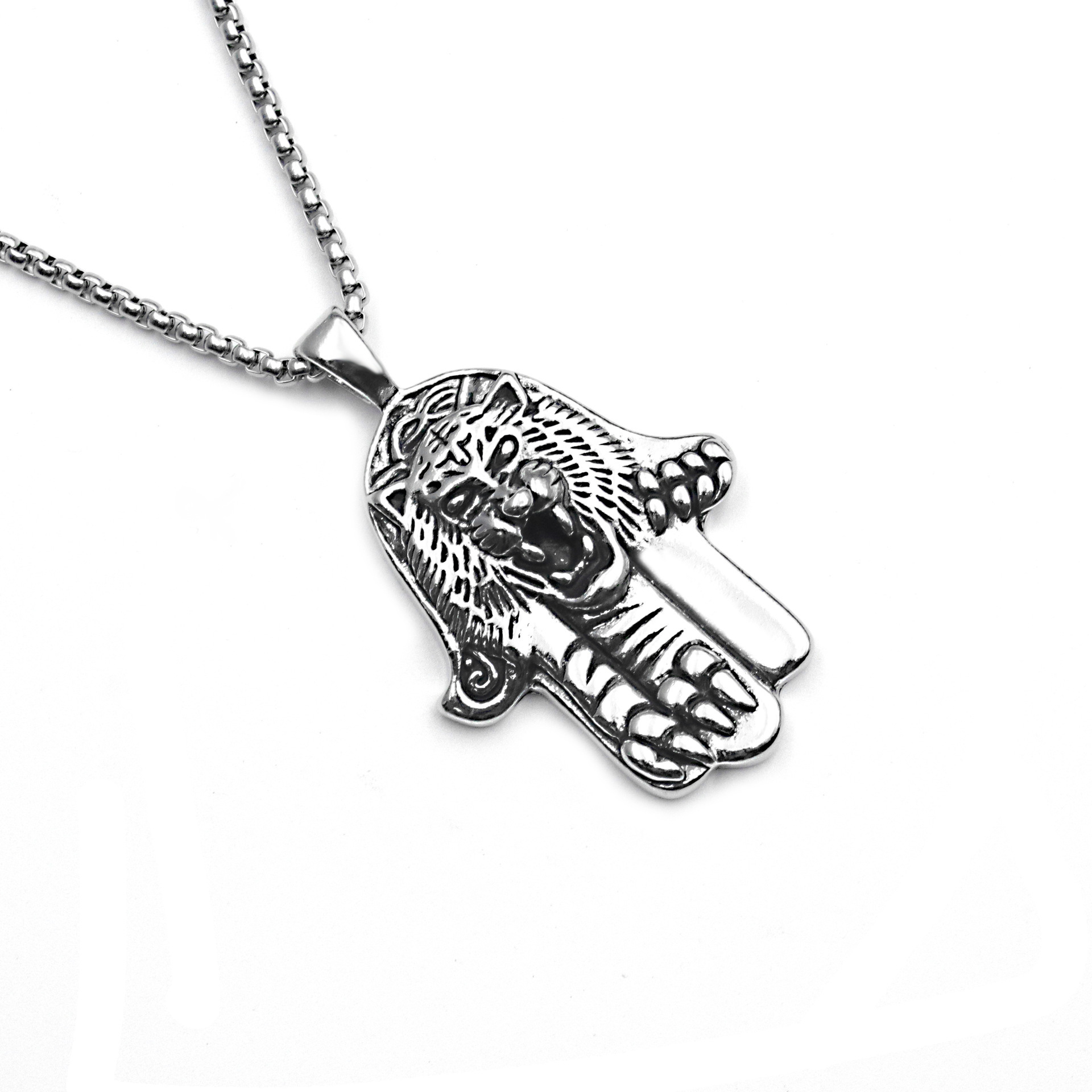 Tiger Head Palm Cross Titanium Pearl Necklace Stainless Steel Minimalist Sweater Chain_voghion.com