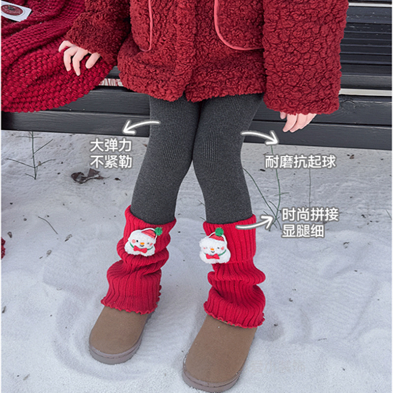 Girls' bright red snowman fleece-lined leggings, layered and patchwork design, perfect for autumn and winter wear, thickened fleece lining for babies, nine-point length.