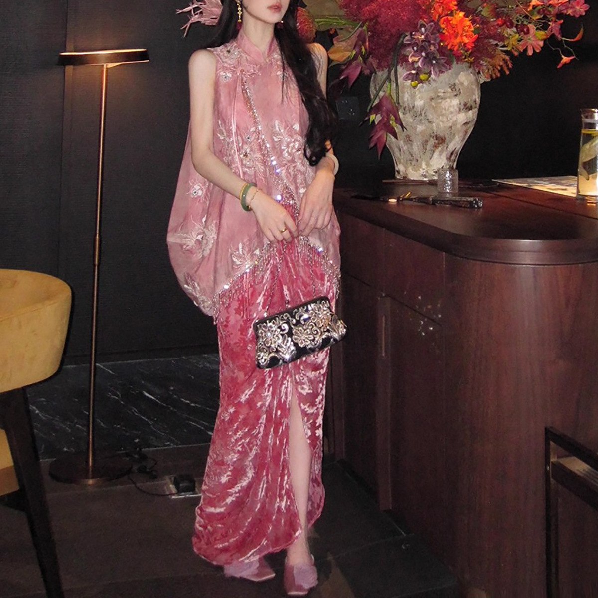 【曼珠沙华】新中式老钱风亮片绣扎染无袖马甲外穿+丝绒烧花半裙