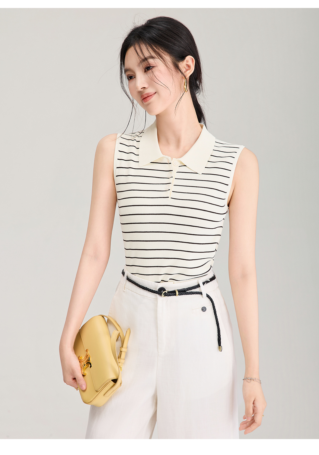 Áo vest dệt kim sợi tơ tằm cổ tròn tay ngắn mùa hè — màu đen chi tiết 13