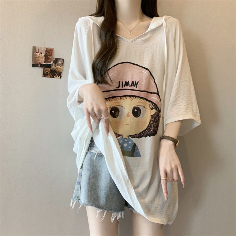 Camiseta de manga corta con capucha y estampado de dibujos animados para mujer de talla grande verano 2024 nuevo estilo suelto delgado mm top mujer