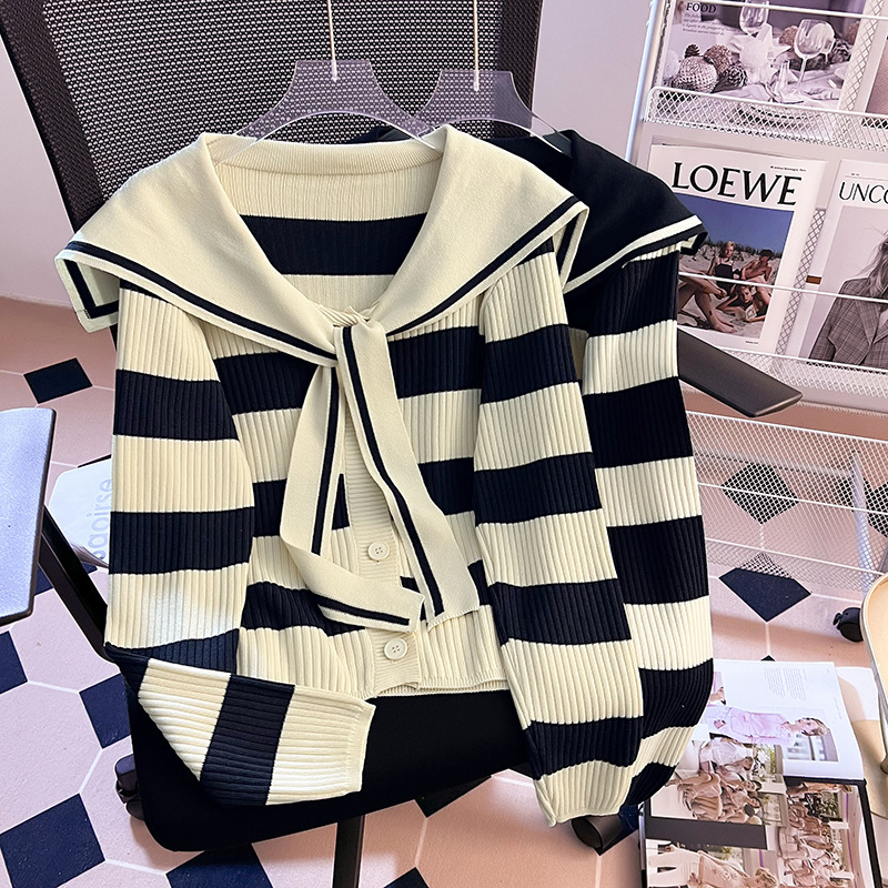 2025 New Autumn and Winter Plus Size Women's Slim Sweater Tops Navy Collar Stripesd Fat mm Knitted Cardigan Jacket