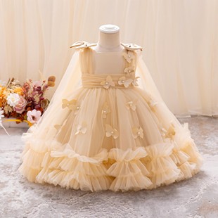 Factory wholesale flower girl puffy skirt butterfly beaded dress girls performance skirt children party banquet dress