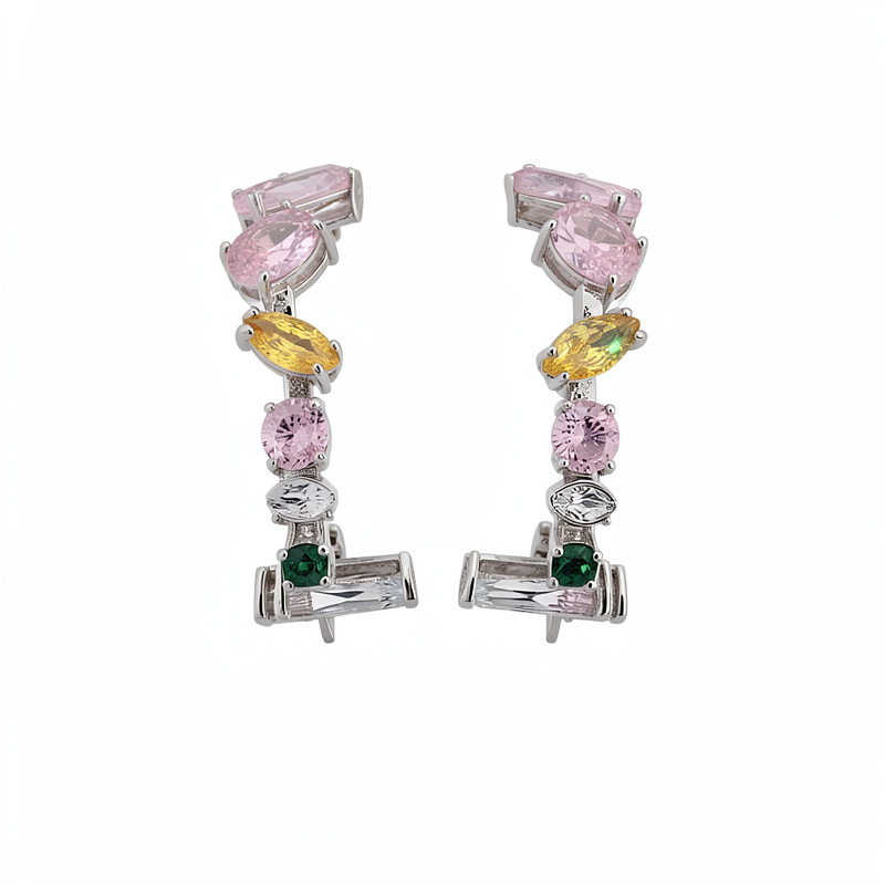 18k oro real galvanizado aguja de plata zircon cuadrado redondo en forma de C pendientes delicados pendientes ligeros de lujo alta sensación auriculares al por mayor