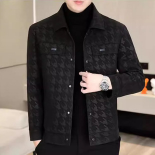Low-Price Spring and Autumn Houndstooth Trendy Fashion Short Lapel Casual Leather Jacket for Young and Middle-Aged Men