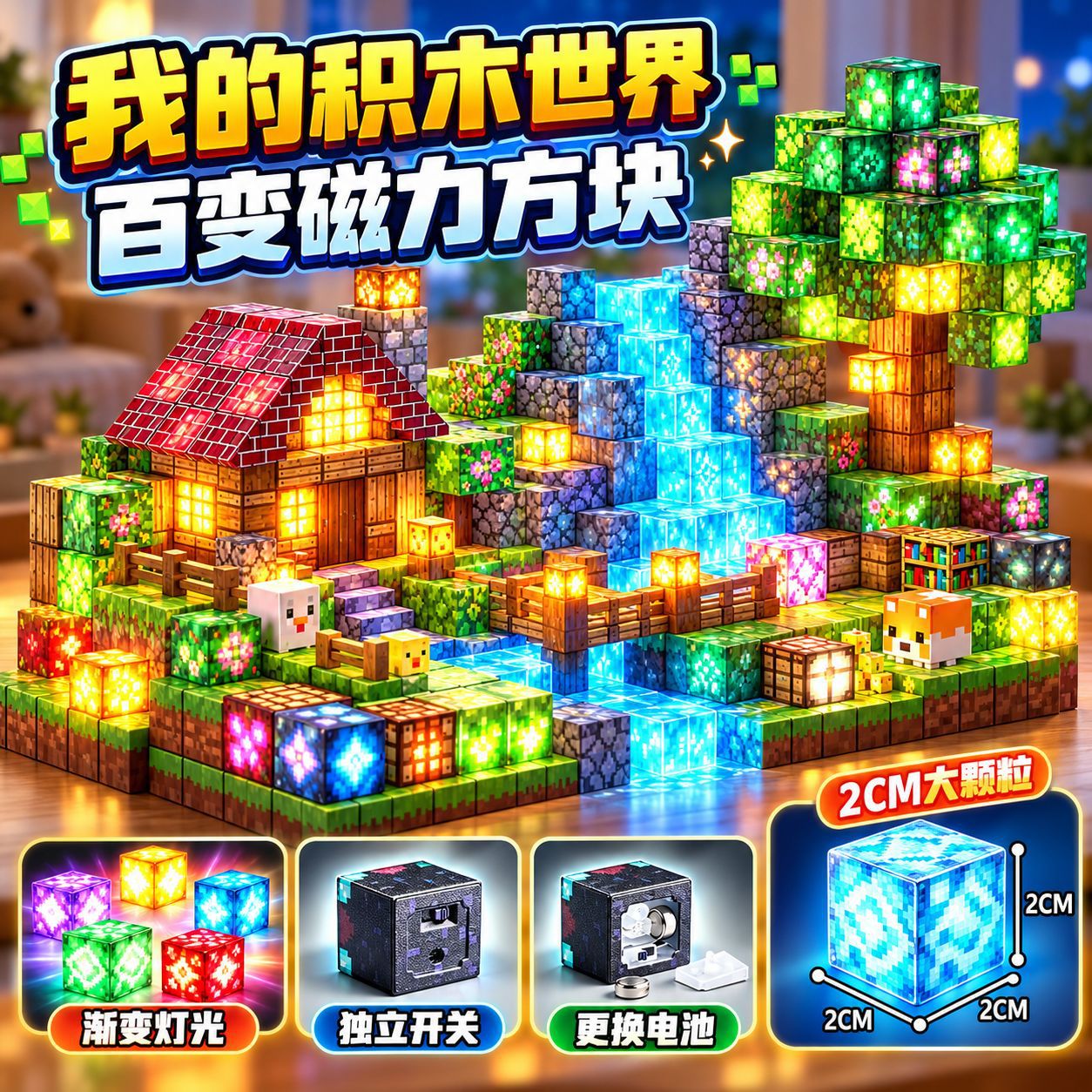 跨境我的磁力世界七彩灯光方块积木发光磁吸DIY拼装积木益智玩具