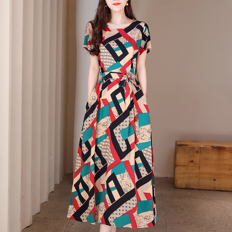 Cotton and Linen dress Women's Mid-length Summer 2025 New Short-sleeved Young Mother's Cotton Silk Elegant Long Skirt