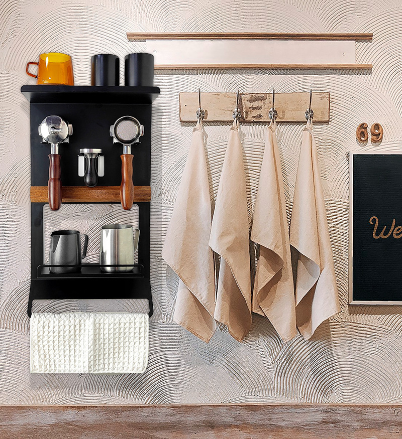 Café aparato de almacenamiento rack máquina de café mango polvo de tela prensa polvo prensa toalla agua taza bar pared colgante rack de almacenamiento