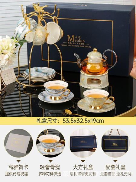 Stay together - 6 cups and saucers + white jade 1 teapot 1 stove base - with bird stand - dark blue gift box - with greeting card