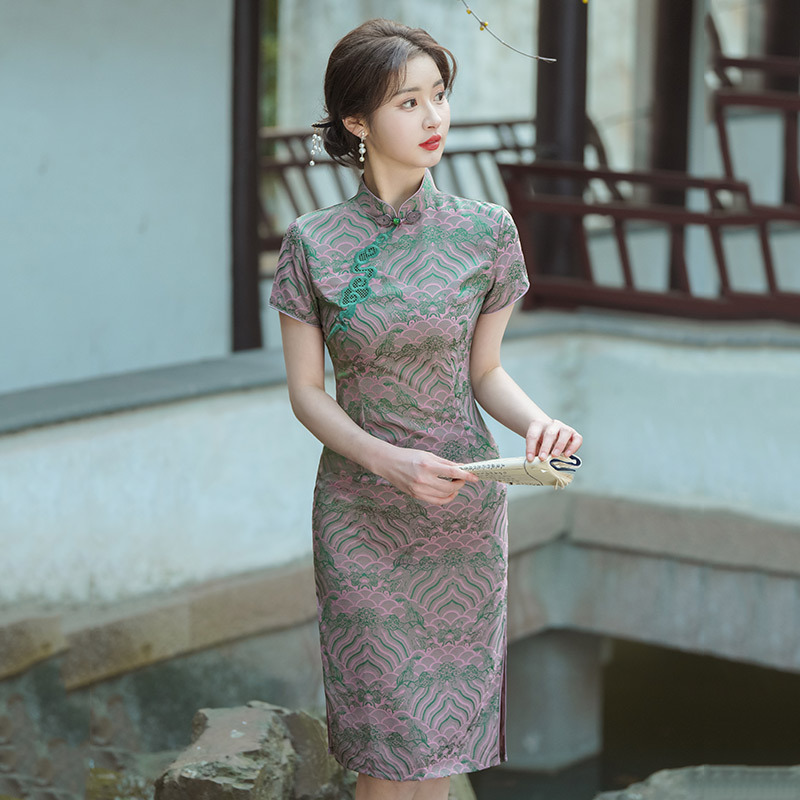 雙層短袖傳統中長款改良旗袍2024新款女日常可穿中式復古修身夏季