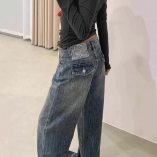 美式复古水洗阔腿牛仔裤女春季2026新款高腰宽松直筒梧桐拖地裤子