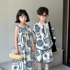 童套裝2代發024夏男女童韓版不規則圖案套裝兒童休閒短褲套裝