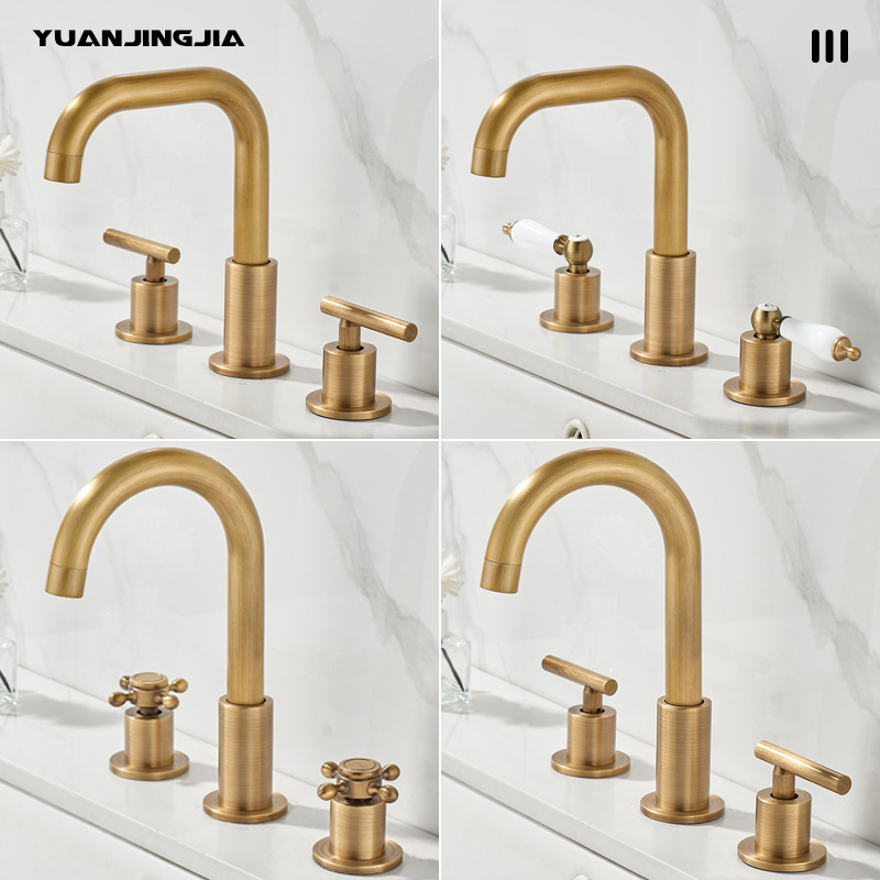 Cross-Border European Retro Brass Three-Hole Basin Faucet Bathroom Basin Split Double-Handle Hot and Cold Faucet Cross-Border European Retro Brass Three-Hole Basin Faucet Bathroom Basin Split Double-Handle Hot and Cold Faucet