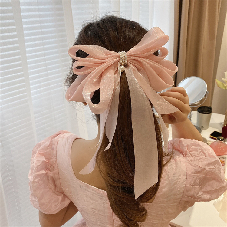 Sweet Style Sweet Bow Knot Cloth Organza Inlay Artificial Pearls Hair Clip 1 Piece