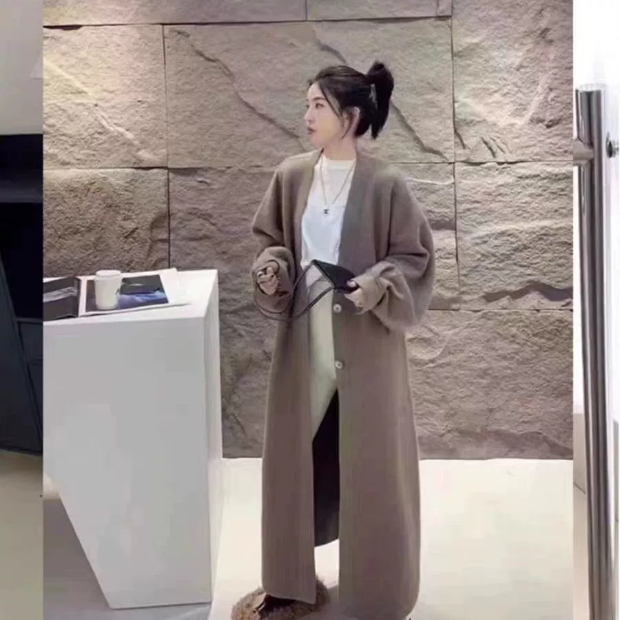 Демисезонное trench coat, длинная вязаная куртка, стиль высокого качества, V-образный вырез