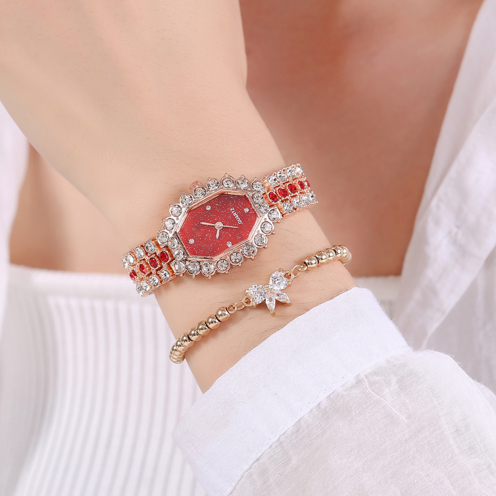 New steel band watch female student fashion trend Korean jewelry bracelet steel band watch full diamond square women's watch_voghion.com