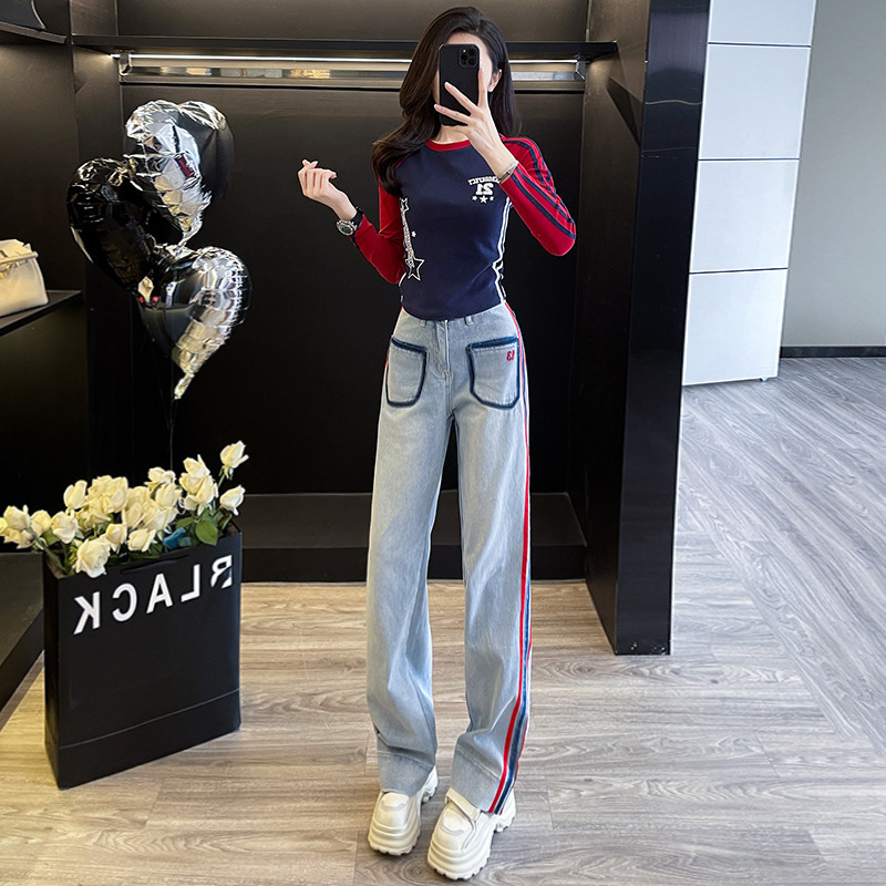 American Retro Casual Fashion suit Women's Autumn Contrast Long-sleeved T-shirt Fried Street Denim Wide-leg Pants Two-piece Set ins