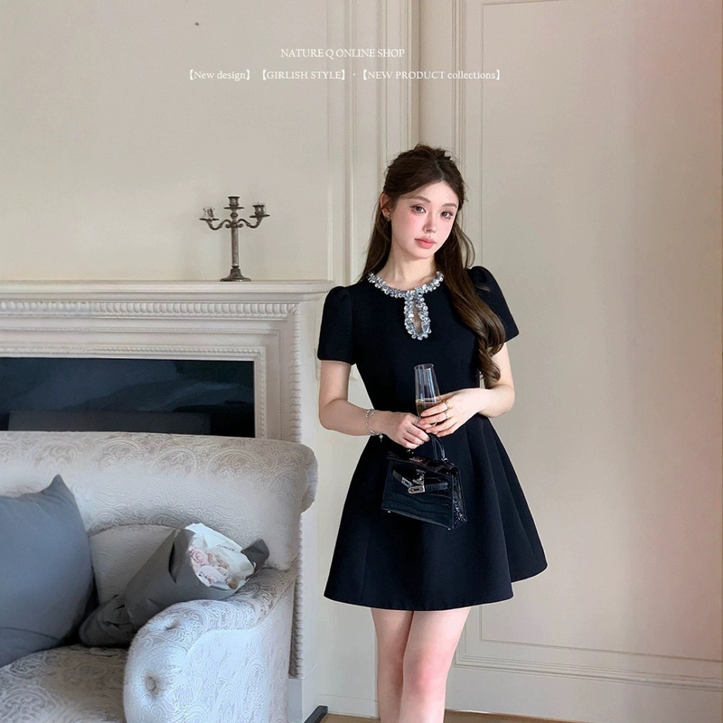 Yang Xiaojuan Daughter Style Round Neck Dress Women's Waist Handmade Sequins Birthday Party Dress Skirt Pinch Waist Skirt