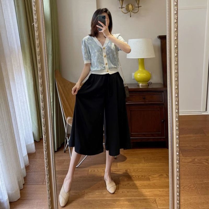 Spring and Summer New High Waist Lazy Style Wide Leg Pants Women's Dipped Sense Small Casual Capri Pants Women's Cross-border Supply