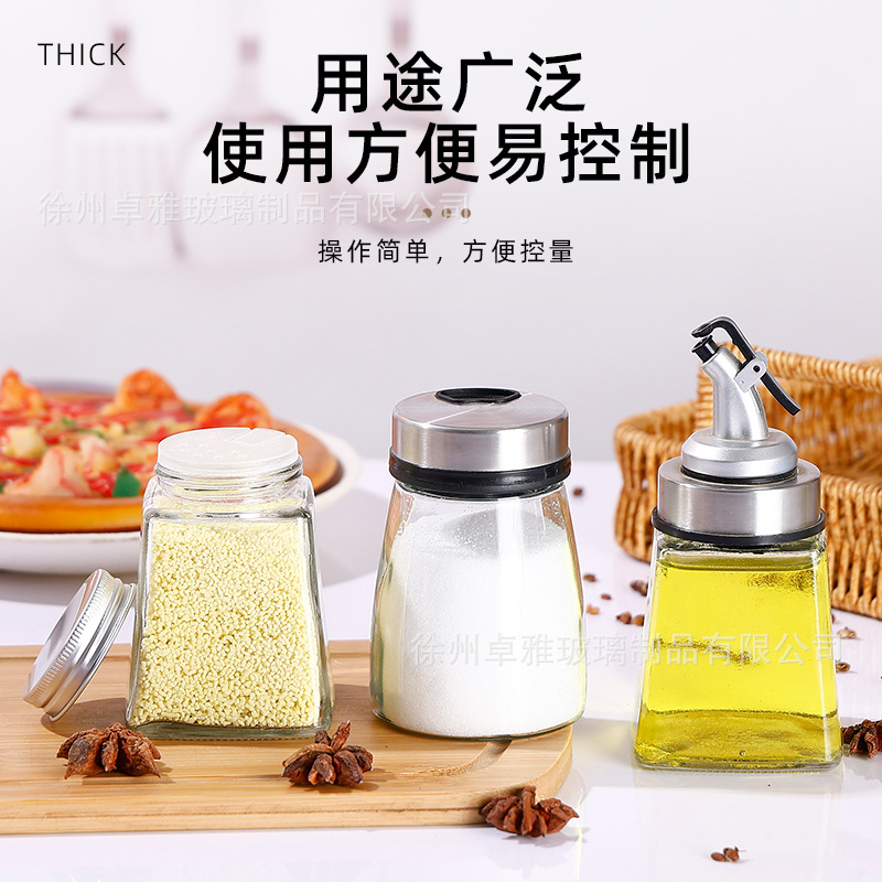 Botella de condimento de vidrio cónico botella de condimento mayorista de cocina pimienta lata transparente botella de aceite de condimento de vidrio portátil